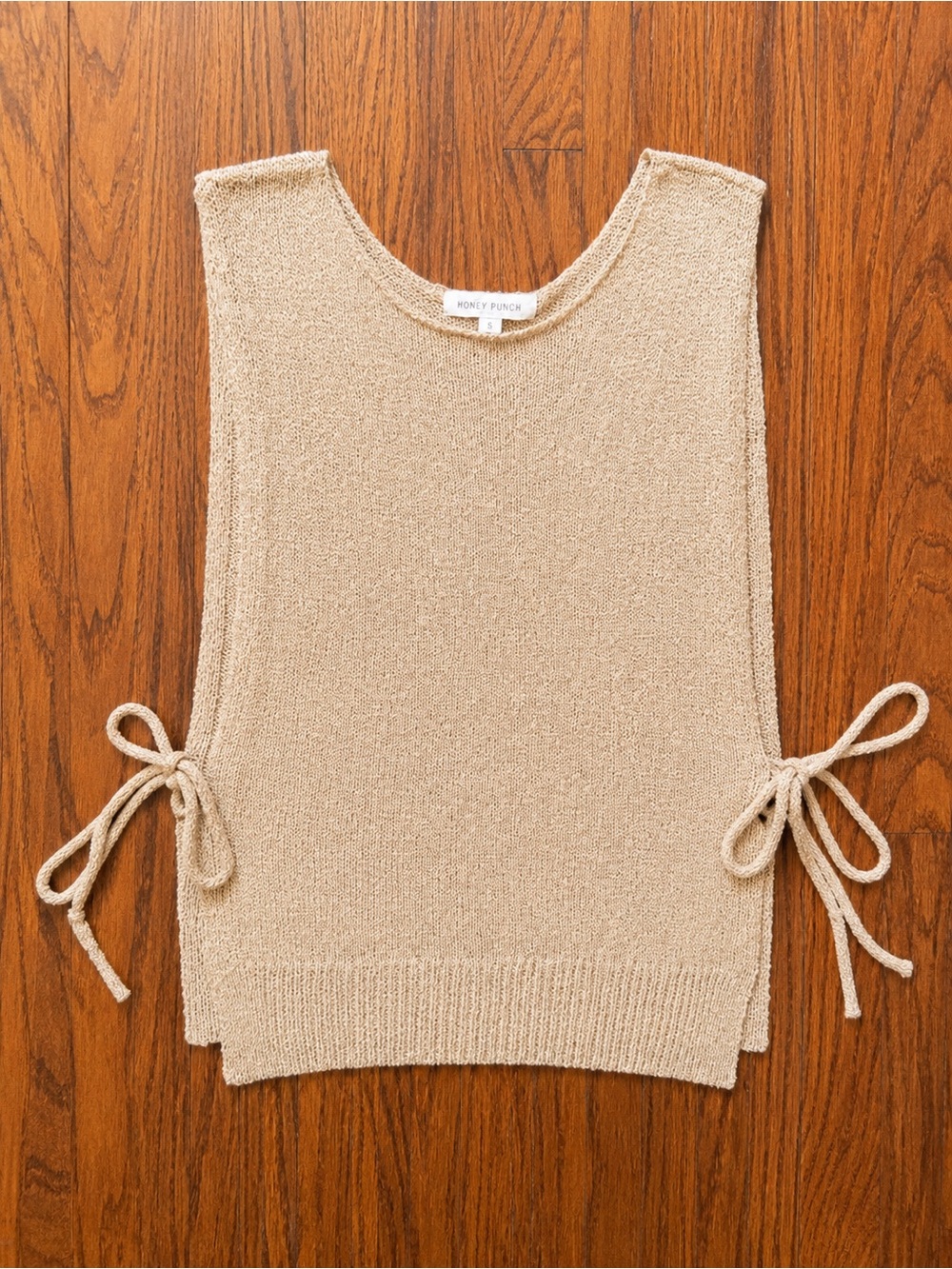 Honey Punch Neutral Beige Side-Tie Knit Shell